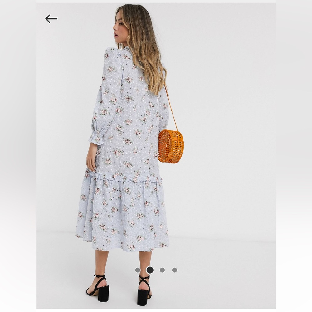 ASOS Blue Floral Midi Dress Trapeze Smocked Sleeves Puff Shoulder. - Picture 3 of 6